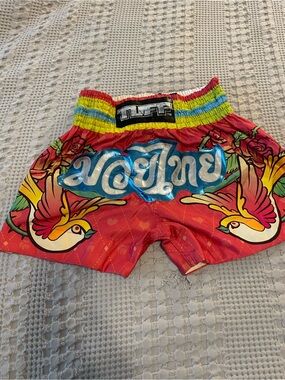 Tuff Thai-Style Muay Thai Shorts in Bright Red with Birds